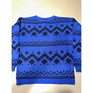 Vintage Geometric Zig Zag Diamond Blue Black Kenneth Allen Sweater Womens M USA